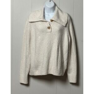 J.Crew Women's Boucle Wool Blend Cream Henley Large Collar Pullover Sweater Sz L